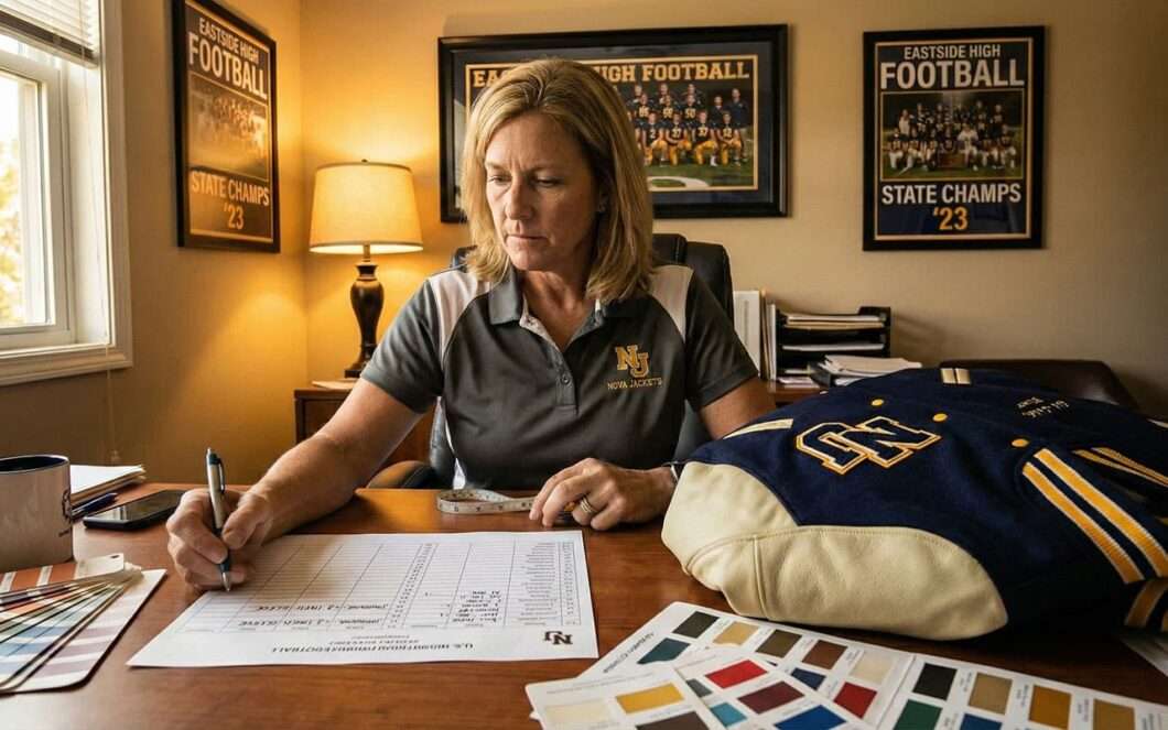 high school coach reviewing varsity jacket order roster with size chart