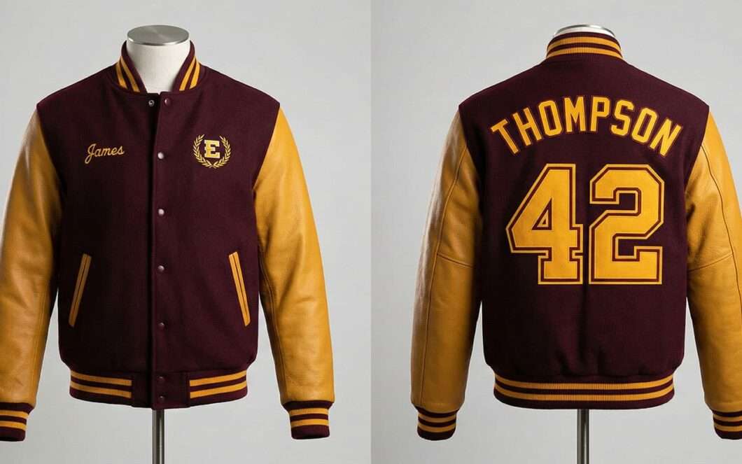 custom varsity jackets with name and number front and back layout on maroon and gold jacket
