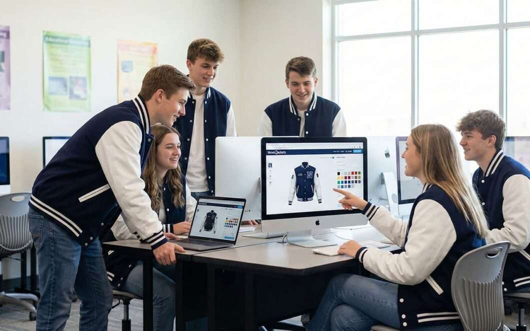 design your own varsity jacket online usa with white American students in a school computer lab