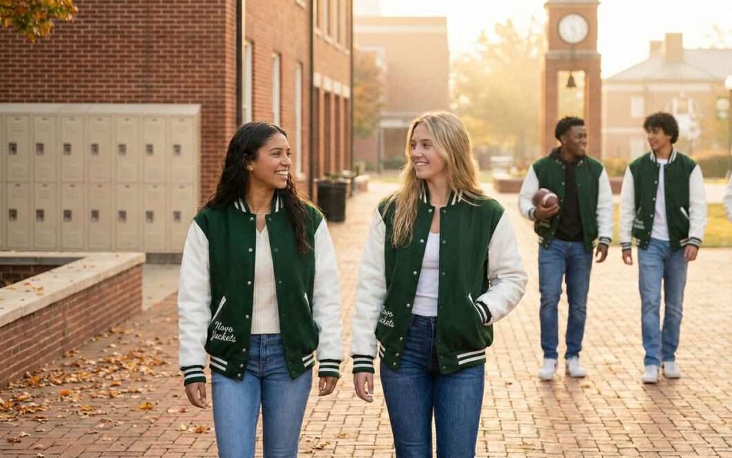students walking on high school campus wearing matching varsity jackets