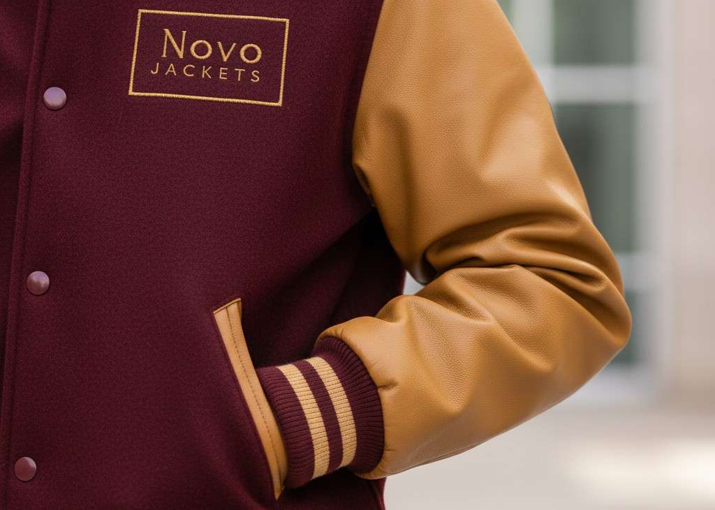 close-up of maroon wool and gold leather materials on varsity jacket