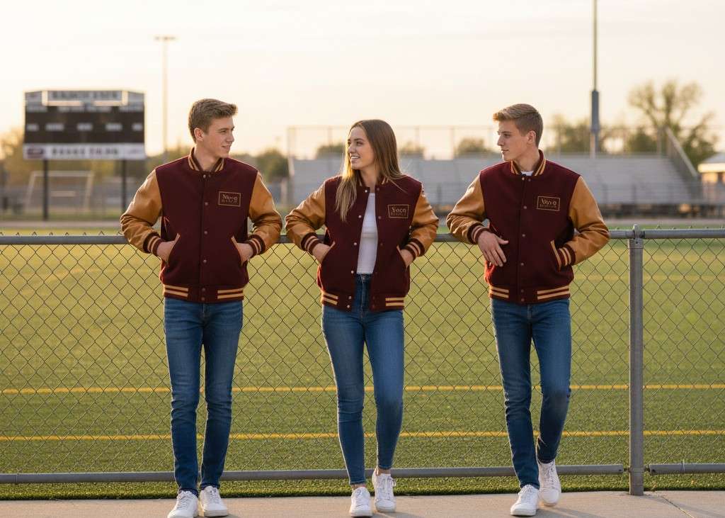 students at field wearing matching maroon and gold jackets