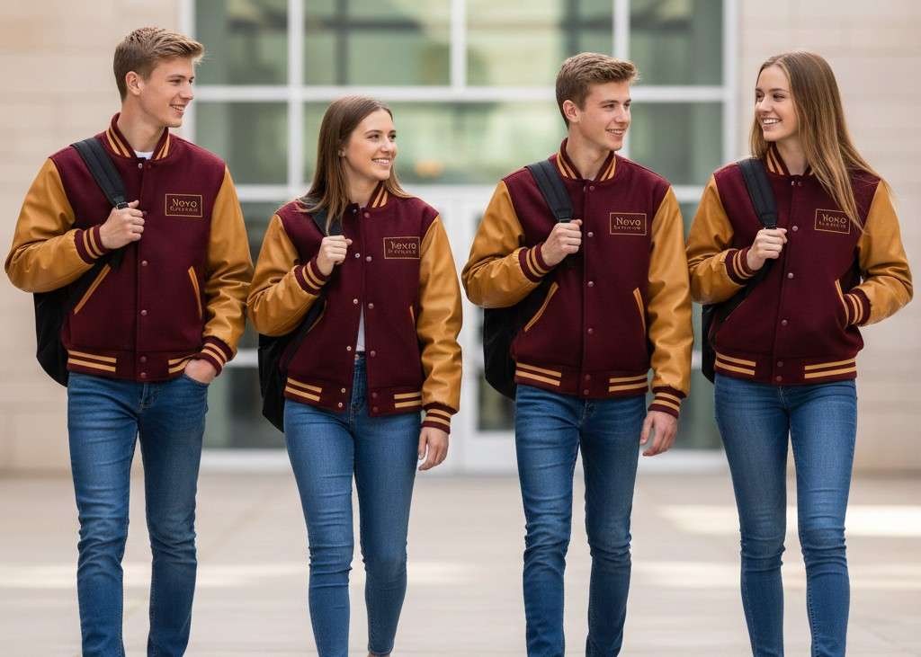 small group wearing personalized varsity jackets no minimum order on campus