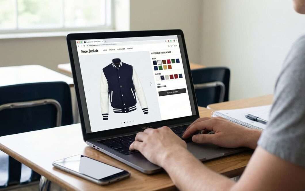 laptop showing Novo Jackets online varsity jacket builder with navy and white design
