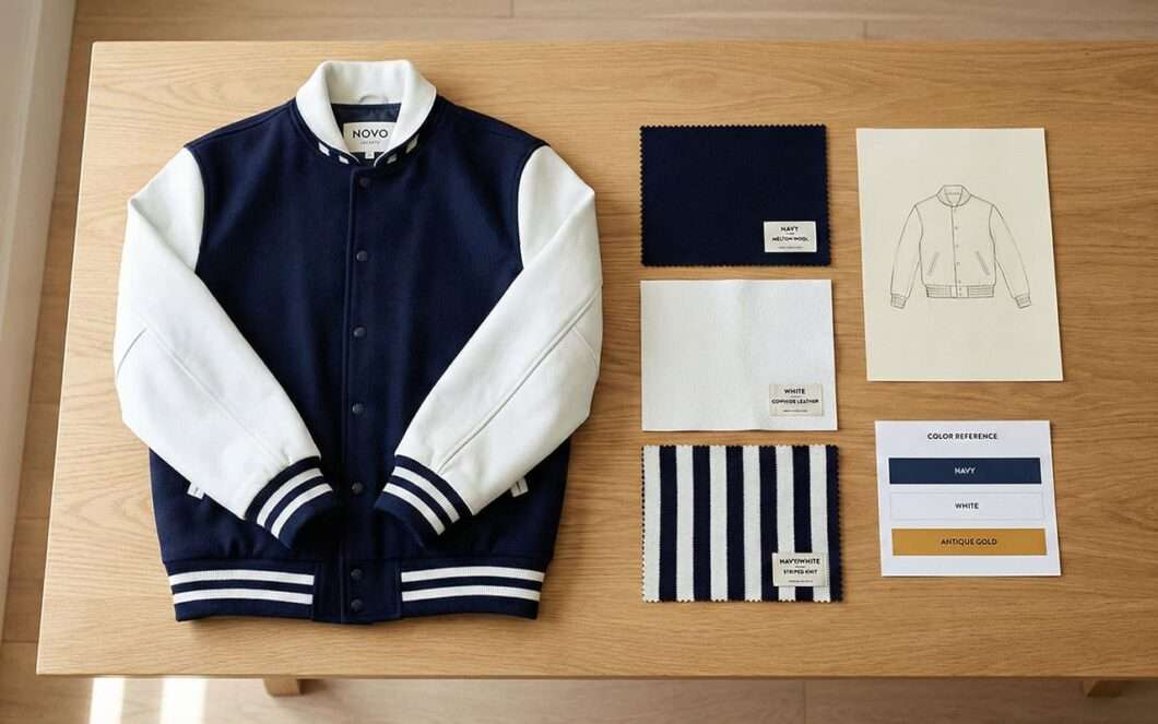 navy wool and white leather varsity jacket fabric swatches with folded jacket on table