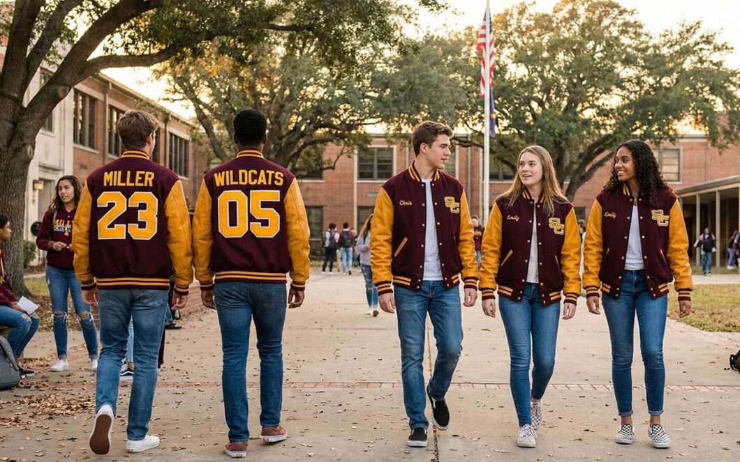 students wearing maroon and gold varsity jackets with names and numbers walking on school campus