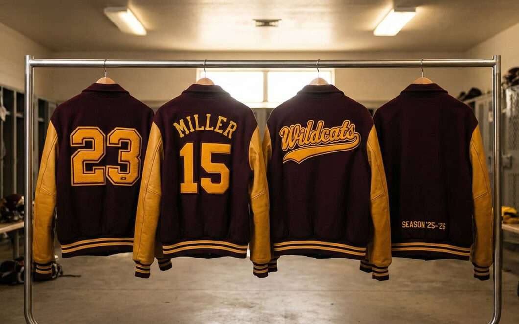 lineup of maroon and gold varsity jackets with different back names and numbers