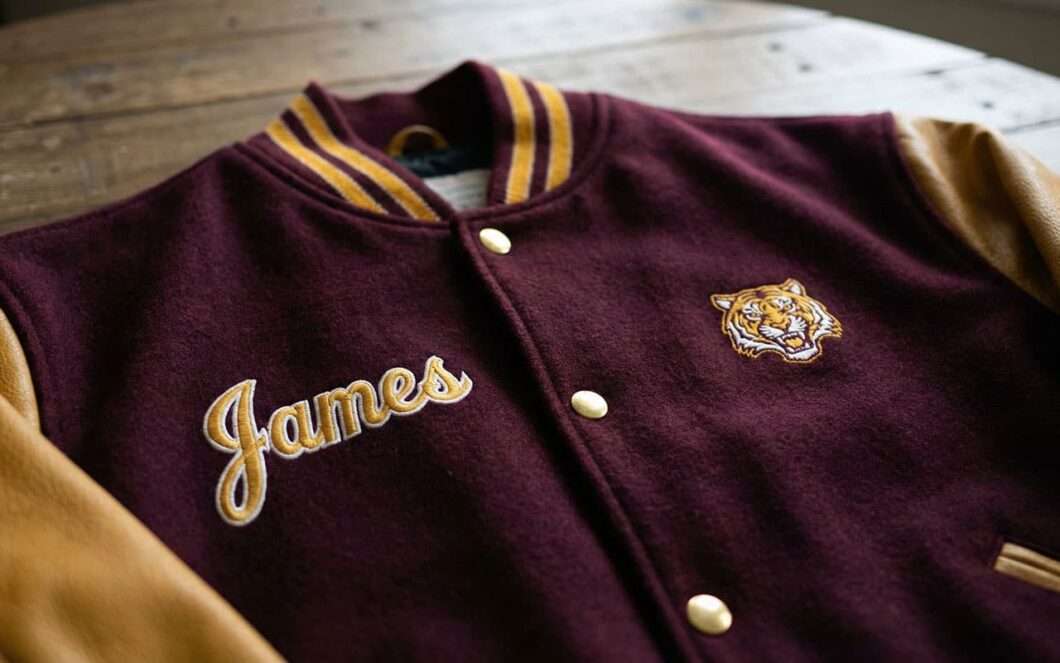 close-up of varsity jacket chest with stitched name and mascot logo on maroon and gold jacket