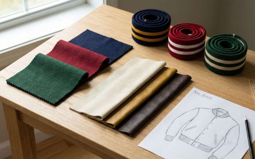 close-up of varsity jacket fabric and color swatches on table
