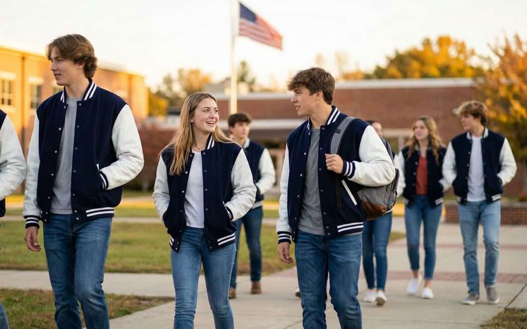 white American students wearing navy and white varsity jackets walking on U.S. school campus