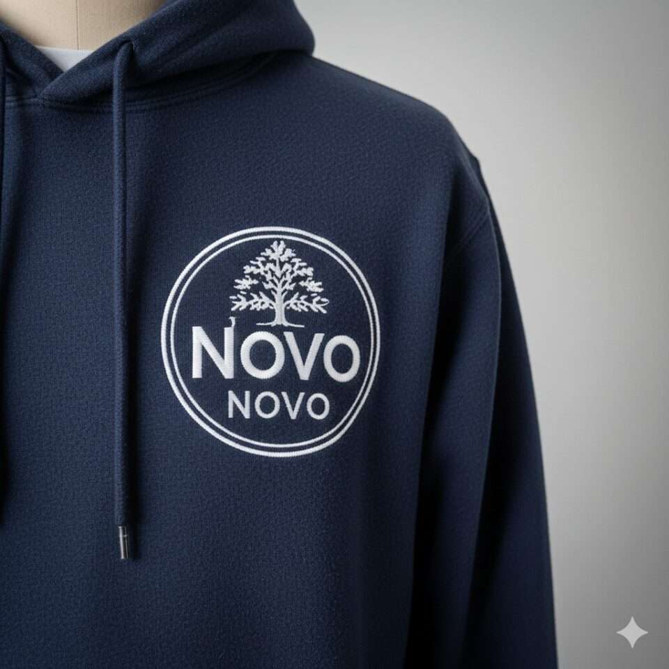 close-up chest view showing logo sizing on navy fleece hoodie