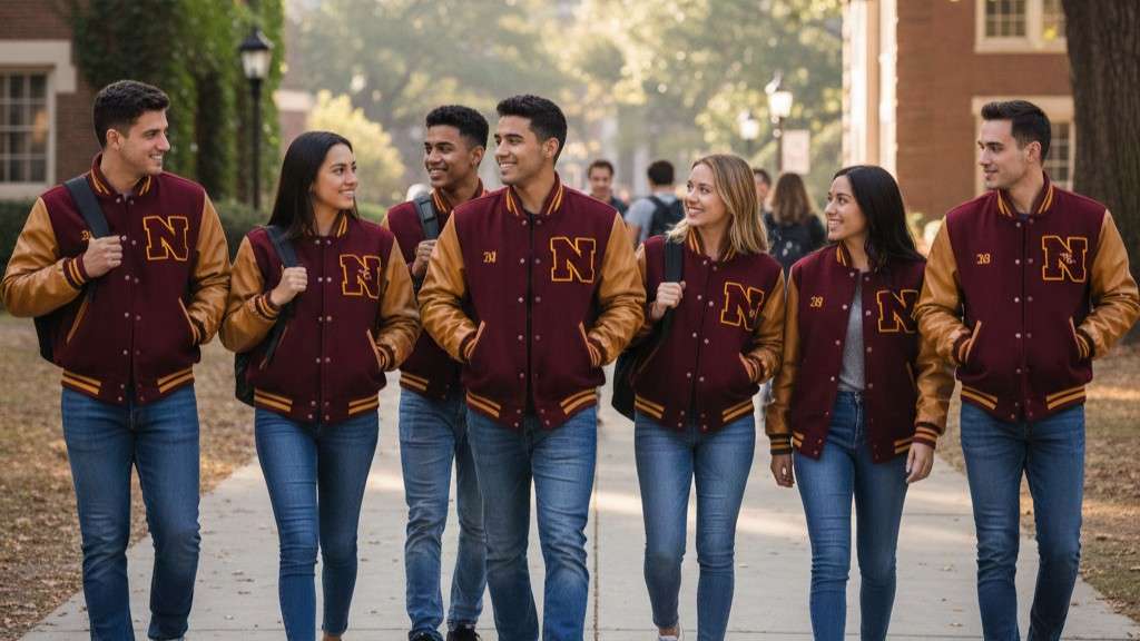 Students showing custom varsity jackets for schools and colleges in a campus setting.