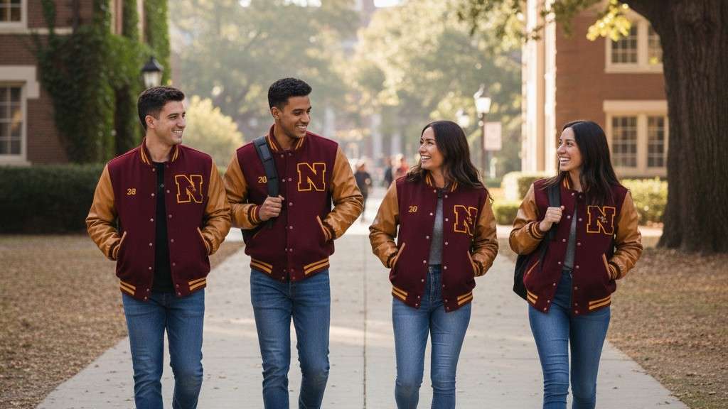 Students walking on campus wearing maroon and gold varsity jackets for school and college groups.
