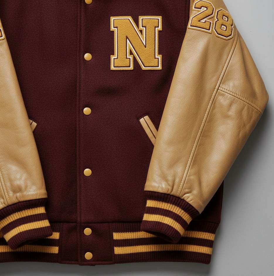 Close-up of maroon wool and gold leather details from custom varsity jackets for schools and colleges.