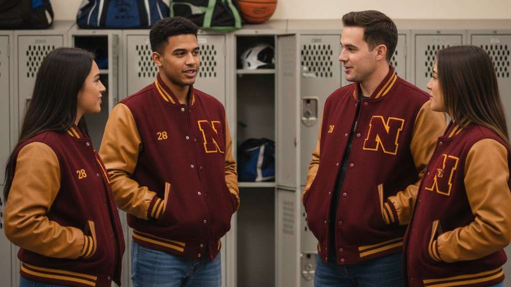 Locker-room view of students comparing custom varsity jackets for schools and colleges.