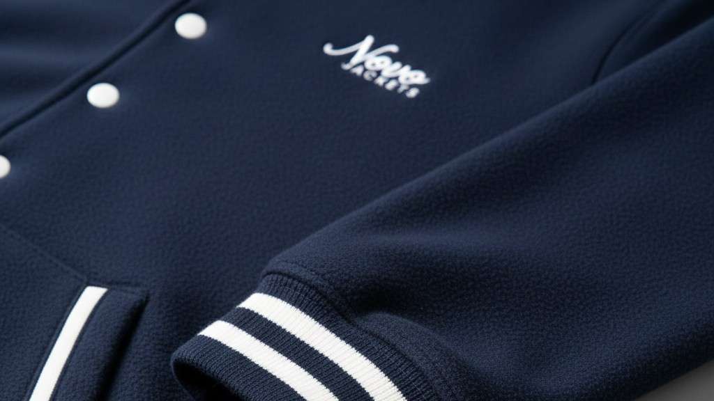 stitching details on navy fleece varsity hoodie with white rib knit for school teams