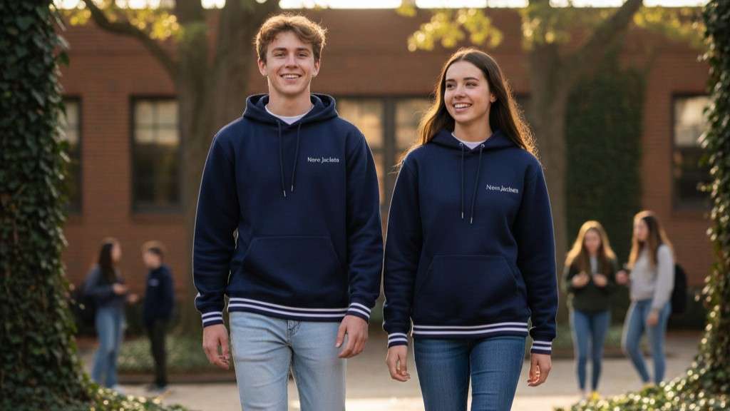 white American students wearing navy fleece varsity hoodies on a school campus