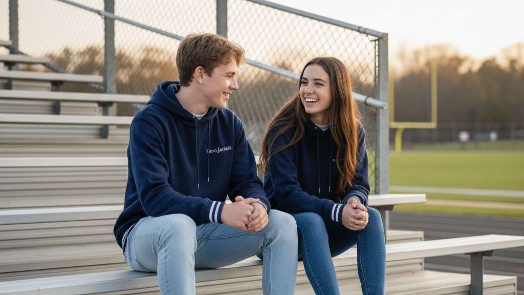 white American high school students wearing navy fleece varsity hoodies on bleachers