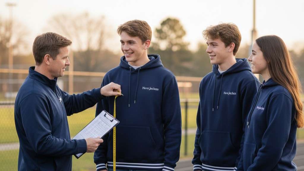 coach reviewing sizing chart while students wear navy fleece varsity hoodies