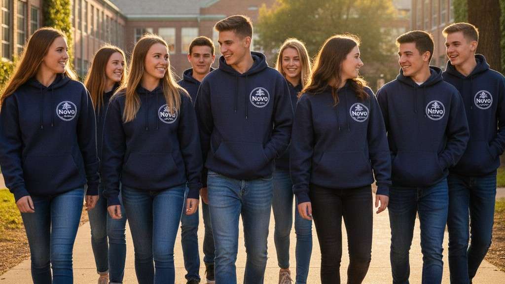 navy fleece custom varsity hoodie with front logo on students walking across campus